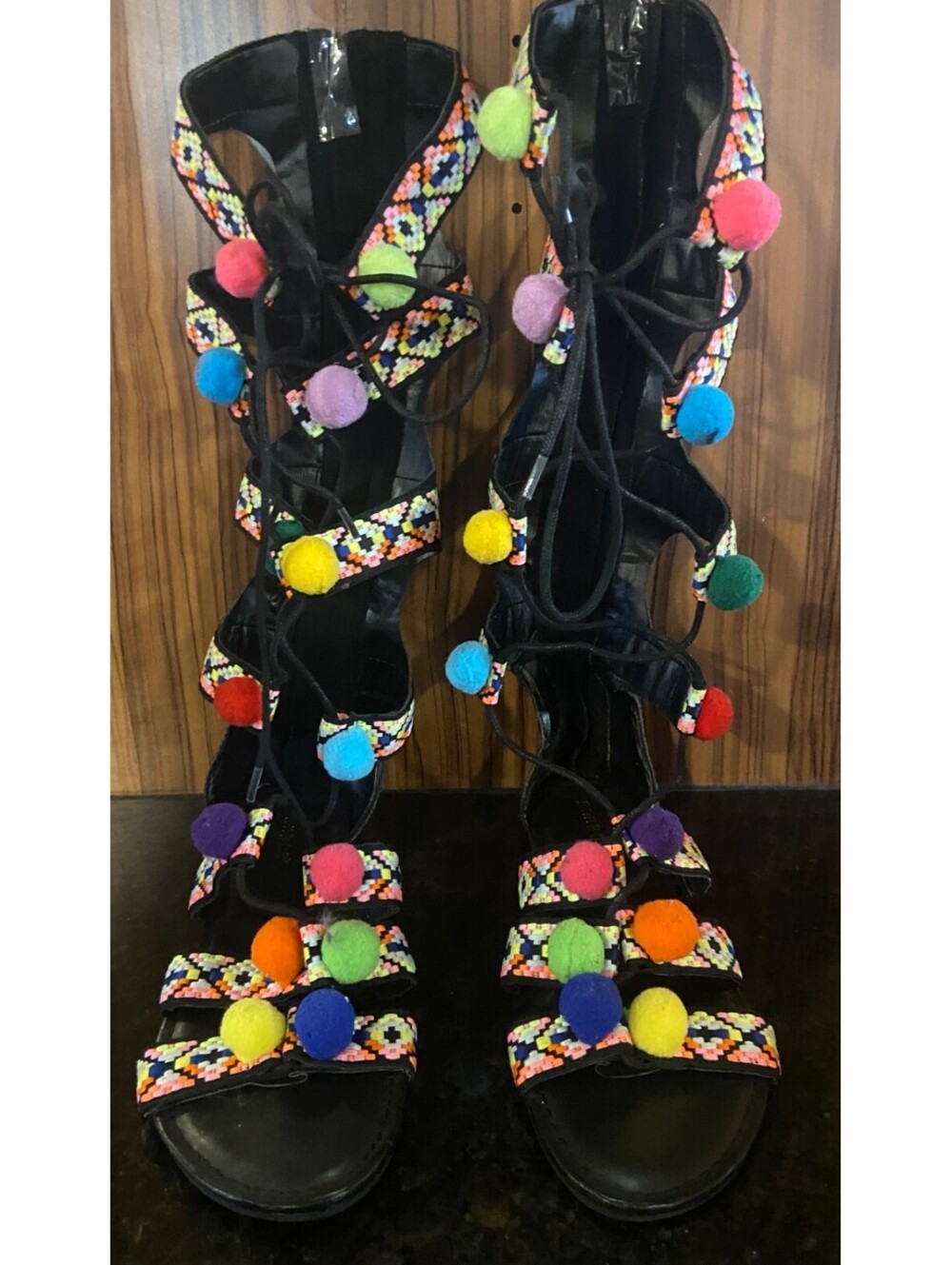 BAMBOO Magical Gladiator Sandals Knee High Hippie Bohemian Aztec Pom Pom Ball 7